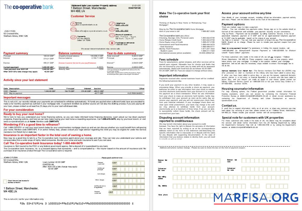 Printable United Kingdom The Co operative bank mortgage statement in Word and PDF formats, 2 pages download for verification